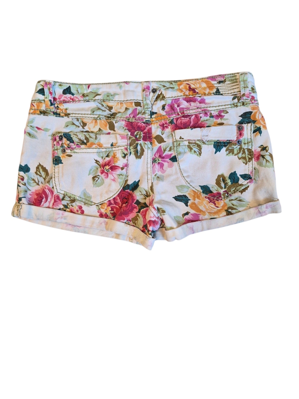 Rue21 White Floral Roll-Cuff Jean Shorts with Pink & Yellow Blooms
